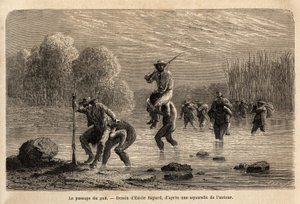 Der Durchgang des Flusses, die Siriniris-Indianer schlagen spontan vor, die Mitglieder der Expedition auf ihren Schultern zu tragen, um sie über die Teiche am Fuße des Mount Basiri (Peru) zu bringen. Gravur zur Illustration der Reise in die Täler von Unknown artist