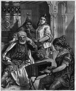 Die Bevölkerung von Tunesien im 19. Jahrhundert - Samstagabend in einer jüdischen Familie in Tunis - Gravur von Castelli in „journal des voyages“ 1884 von Unknown artist