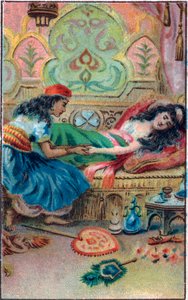 Die Prinzessin fällt in Ohnmacht. Märchen „Geschichte des verzauberten Pferdes“ in „Tausendundeine Nacht“. Chromolithographie aus dem späten 19. Jahrhundert.