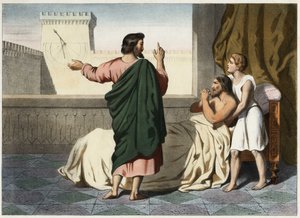 Der Prophet Jesaja (oder Jesaja) kündigt seine Heilung Ezechias an: Das Zeichen wird sein, den Schatten der Uhr um zehn Grad auf dem Zifferblatt von Ahas (Achas) zurückzudrängen. Anonyme Gravur aus der Mitte des 19. Jahrhunderts. von Unknown artist