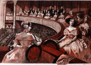 Das Publikum auf einem Balkon im Theater. von Unknown artist