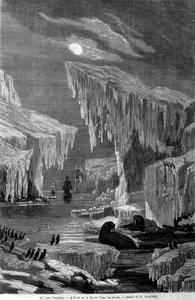 Die Schiffe „Erebus“ und „Terror“ während der Expedition unter der Leitung von Sir John Franklin (1786-1847) im Eis. Gravur des 19. Jahrhunderts von Unknown artist