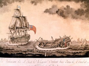 Das Schiffswrack der „Avenger“, gesunken vor Brest durch die englische Flotte am 1. Juni 1794. Gravur Ende 18. Jahrhundert, Anfang 19. Jahrhundert.