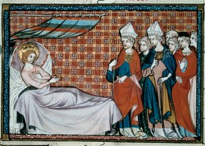 Der kranke König von Frankreich Saint Louis (Louis IX) (1214-1270) spricht zu seinen Verwandten und dem Klerus. Miniatur aus einem Manuskript „Leben und Wunder des heiligen Louis“ von Wilhelm von Saint Pathus von Unknown artist