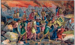 Die Belagerung der Stadt Jerusalem durch den babylonischen König Nebukadnezar II. im Jahr 586 v. Chr. und die Zerstörung der Stadt und des Tempels von Jerusalem. Chromolithographie aus dem späten 19. Jahrhundert.