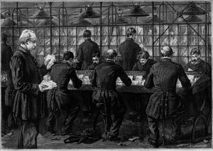 Das Sortieren der Korrespondenz in einem Büro des Hôtel des Postes in der Rue du Louvre in Paris. Gravur im Journal „La jeunesse“