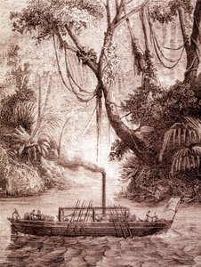 Das Dampfschiff von John Fitch, amerikanischer Erfinder, auf dem Delaware River um 1791