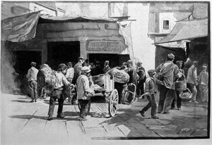 Die Straßenverkäufer und der Spaziergang des Viertels Vuccirla in Palermo, Sizilien. Gravur des 19. Jahrhunderts von Unknown artist