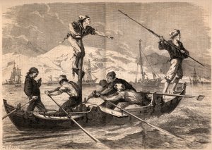 Die Schwertfisch-Harpunenfischerei (pesce spada, Schwertfisch) an der Küste Siziliens in Italien im Jahr 1862. Gravur in „Le Monde illustre“ von 1862. Private Sammlung von Unknown artist