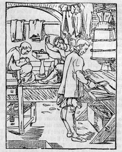 Die Schneiderwerkstatt im 16. Jahrhundert, das Zuschneiden von Stoffen - In „Der malerische Laden“ 1836 von Unknown artist