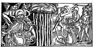 Die Versuchungen des heiligen Antonius des Großen (oder des heiligen Antonius des Einsiedlers oder des heiligen Antonius des Abtes), und rechts sein Martyrium nach. Stich aus „Leben der Heiligen - Sommerteil“ (Das Buch der Heiligen) von Jacobus (Jakob) von von Unknown artist