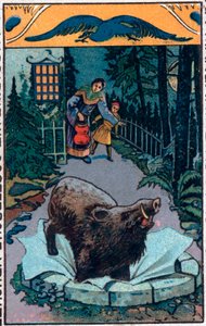 Der schreckliche Eber. Chinesisches Märchen. Chromolithographie aus dem späten 19. Jahrhundert.