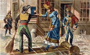 Das Gewerbe des Straßenkehrers im Jahr 1820: Ein Straßenkehrer hilft einer jungen Frau, eine Pfütze zu überqueren.