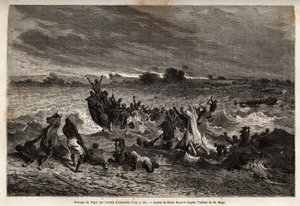 Der Transport der Armee von König Ahmadou auf dem Niger während der Regenzeit verursachte zahlreiche Schiffbrüche und viele Verluste an Pferden. Illustration der Reise in den westlichen Sudan von Leutnant (Marine) M. Mage, 1863-1866, veröffentlicht in "Le von Unknown artist