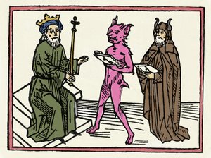 Der Prozess von Belial: „Dämon Belial stellt Richter Salomon seine Referenzen vor“ Gravur aus „Der Prozess von Belial“ von Jacobus de Teramo (oder Palladino), Augsburg von Unknown artist