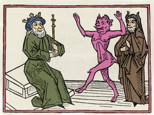 Der Prozess von Belial: „Der Dämon Belial tanzt vor Richter Salomon“ Gravur aus „Der Prozess von Belial“ von Jacobus de Teramo (oder Palladino), Augsburg von Unknown artist