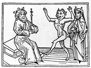 Der Prozess von Belial: „Der Dämon Belial tanzt vor Richter Salomon“ Gravur aus „Der Prozess von Belial“ von Jacobus de Teramo (oder Palladino), Augsburg von Unknown artist