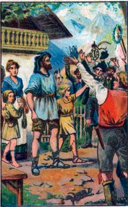 Der Tribut der Konföderierten an Wilhelm Tell (legendärer Held der Schweizer Unabhängigkeit). Chromolithographie aus dem späten 19. Jahrhundert.