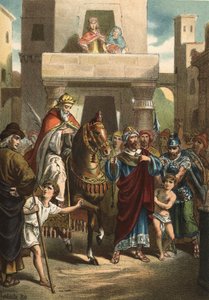 Der Triumph von Mardocheus (oder Mordechai), biblische Figur (5. Jahrhundert v. Chr.). In „El Culto de la Hermosura“ von Juan Justo Huguet, Molinas Hermanos editores von Unknown artist