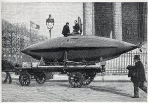 Das Unterseeboot „Le Goubet“, transportiert für Experimente, passiert den Place de la Madeleine in Paris. Gravur in „La Nature“