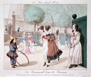Der Spaziergang unter der Wiege: Die beiden kleinen Damen, die diese Wiege bilden, stammen aus demselben Bein (Jardin des Tuileries), um 1840