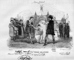 Die weiße Dame in den Originalkostümen von 1825. Oper in drei Akten von François Adrien Boieldieu (1775-1834). Gravur in „Le Monde Illustré“.