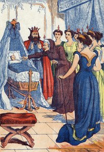 Die böse Fee prophezeit der Prinzessin, dass sie sich stechen wird. Illustration für „Dornröschen“ von Charles Perrault