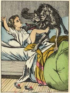 Der Wolf schlägt Rotkäppchen. Illustration des Märchens „Rotkäppchen“ von Charles Perrault von Unknown artist