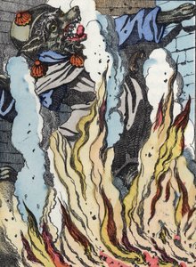 Der Wolf fällt ins Kaminfeuer. Illustration des Märchens „Compere le Loup, Maitre Renard, Comere la Chevre et ses petits biquets“ nach einer Fabel von Jean de La Fontaine. In „Märchen aus dem Heim für die Kleinen“. Anonyme Gravur des 19. Jahrhunderts