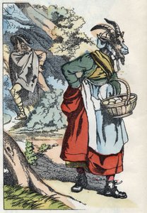 Der Wolf sucht die Ziege, die ihr Zuhause verlässt. Illustration des Märchens „Compere le Loup, Maitre Renard, Comere la Chevre et ses petits biquets“ nach einer Fabel von Jean de La Fontaine. In „Märchen aus dem Heim für die Kleinen“. Anonyme Gravur des 1 von Unknown artist