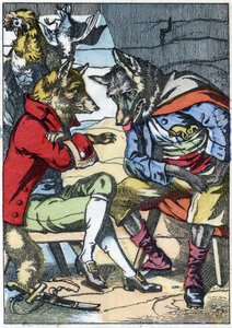 Der Wolf trifft wieder auf den Fuchs. Illustration aus dem Märchen „Compere le Loup, Maitre Renard, Comere la Chevre et ses petits biquets“ nach einer Fabel von Jean de La Fontaine. In „Märchen aus dem Heim für die Kleinen“. Anonyme Gravur aus dem 19. Jahr