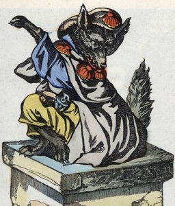 Der Wolf sitzt auf dem Kamin. Illustration des Märchens „Compere le Loup, Maitre Renard, Comere la Chevre et ses petits biquets“ nach einer Fabel von Jean de la Fontaine. In „Märchen aus dem Heim für die Kleinen“. Anonyme Gravur des 19. Jahrhunderts.