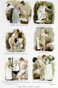 Die Frau, Hausärztin: Wasser als Heilmittel. 1. Waschung einer kranken Person im Bett, 2. Waschung durch Feuer, 3. Wechselbäder in einer Badewanne, 4. Regendusche, 5. Dusche mit einem Wasserhahnrohr einer Küche, 6. Bewässerung in einem kleinen Innenraum - 
