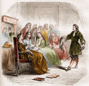 Der Schriftsteller Georges de Scudéry (1598-1667) während eines literarischen Salons, organisiert von seiner Schwester Madeleine de Scudéry, im Jahr 1650. Gravur aus 1860-1861