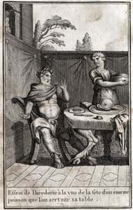 Theoderich der Große (ca. 454/455-526), König der Goten, erschrickt beim Anblick des Kopfes eines riesigen Fisches, der auf seinem Tisch serviert wird. Stich in „Beauté de l