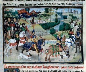 Dritter Kreuzzug: Richard Löwenherz (oder Richard I. von England (1157-1199)) segelte im Juni 1191 ins Heilige Land beim Aufbruch von Zypern. Miniatur aus „Chroniken der Kaiser“ von Loyset Liedet (1420-1479) 15. Jahrhundert. Paris, Bibliothek des Arsenal von Unknown artist