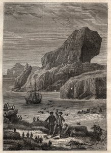 Dritte Reise (1776-1779) von Kapitän James Cook (1728-1779): die Kergueleninseln (Kerguelen-Archipel, Antarktis) - Illustration aus „Die großen Seefahrer des 18. Jahrhunderts“ von Unknown artist