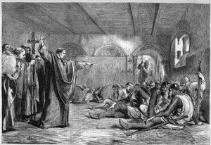 Thomas Becket starb am 29. Dezember 1170: der Erzbischof von Canterbury, Heiliger Thomas von Canterbury (1117-1170), trifft in seinen Gemächern auf seine Mörder, die Ritter William of Tracy, Richard der Bretone, Reginald Fitzurse, Hugues of Morville (Anhän