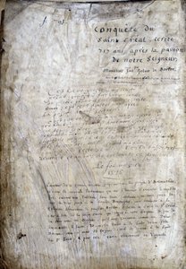 Titelblatt eines Manuskripts: Eroberung des Heiligen Grals, geschrieben 717 Jahre nach der Passion unseres Herrn. Bibliothèque municipale de Rennes, ms. 255 (Sammlung von Romanen der Tafelrunde) von Unknown artist