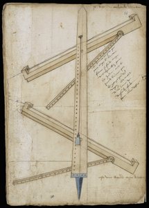 Turmmessmaschine - Manuskript: Pergamentblatt eines Ingenieurhandbuchs für den Bau ziviler, religiöser und militärischer Gebäude, anonym, späte 15. Jahrhundert (Figur in chinesischer Tinte) von Unknown artist
