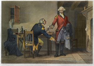 Verrat von Arnold - Unabhängigkeitskrieg oder Amerikanische Revolution (1775-1783) - Benedict Arnold (1741-1801) überzeugte Major John Andre (1750-1780), die Pläne von West Point bei ihrem Treffen am 21. September 1780 in seinem Stiefel zu verstecken.