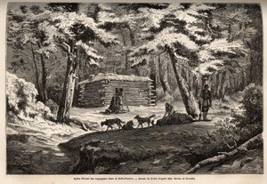Winterhütte des Reisenden in der schönen Wiese (Kanada), Zuflucht für Fallensteller und ihre Schlitten. Gravur zur Illustration der Reise vom Atlantik zum Pazifik (Route du nord ouest par les terres), 1862-1864 von Viscount Milton und Dr. Cheadle