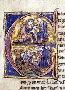 Zwei Könige der Bretagne: Bans de Berroye (Vater von Lancelot) und Boorz de Gaune. Manuskript: Eroberung des Heiligen Grals, geschrieben 717 Jahre nach der Passion unseres Herrn. Bibliothèque municipale de Rennes, ms. 255 (Sammlung von Romanen der Tafelrun
