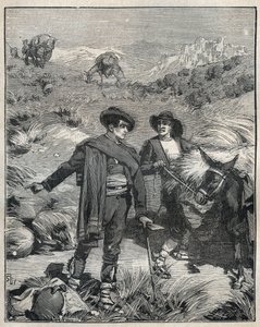Zwei Bauern aus der Sierra Almagrera in Spanien entdeckten 1838 das Jaroso-Silbervorkommen. Gravur von 1885 in „Les arts et métiers illustrés“ von Adolphe Bitard. von Unknown artist
