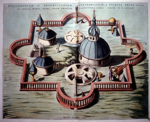 Tycho Brahes „Sternburg“-Observatorium auf der dänischen Insel Hven im Sund (1584) - basierend auf einer Kupfergravur der Zeit. „Novus Atlas“ von Unknown artist