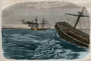 Unterwasser-Telegraphenleitungen: Das Verlegen eines Unterseekabels - Gravur von 1857 von Unknown artist