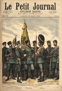 Uniformen der russischen Infanterie, verbündet mit Frankreich, von links nach rechts: der Grenzschutz, der Oberfeldwebel der Wachen, das Pavlowski-Regiment, der Offizier, der Oberoffizier, der Palastgrenadier, die Artillerieuniform und der Soldat. Gravur i