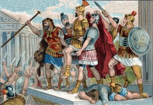 Vespasian (lateinisch Titus Flavius Vespasianus) (9-79) wurde von seinen Soldaten zum Kaiser ausgerufen. Chromolithographie um 1890. von Unknown artist