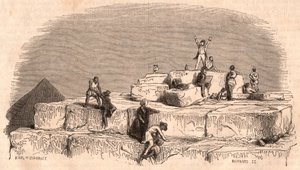 Ansicht vom Gipfel der Großen Pyramide von Khufu: eine Gruppe von Europäern erreicht den Gipfel mit Hilfe von Ägyptern von Unknown
