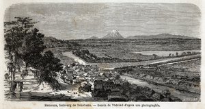 Ansicht von Homoura, Vorort von Yokohama, mit dem Fuji im Hintergrund. Gravur zur Illustration der Reise nach Japan in den Jahren 1863-1864 von Aime Humbert, Minister der Schweizerischen Eidgenossenschaft, in „Le tour du monde, nouveau journal des voyages“